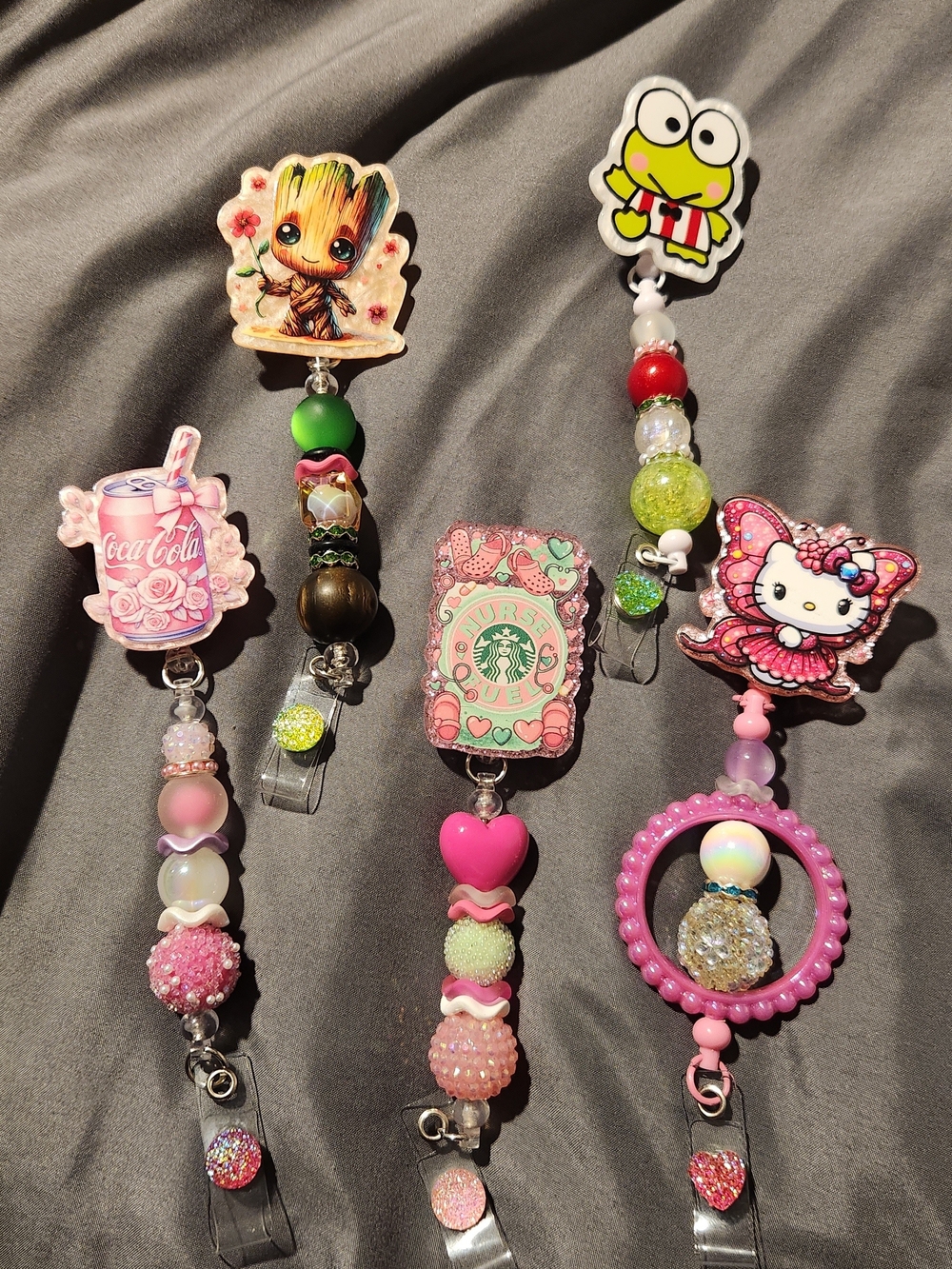 Beaded Badge Reels - Hello Kitty, Groot, Keroppi & More $14 Each